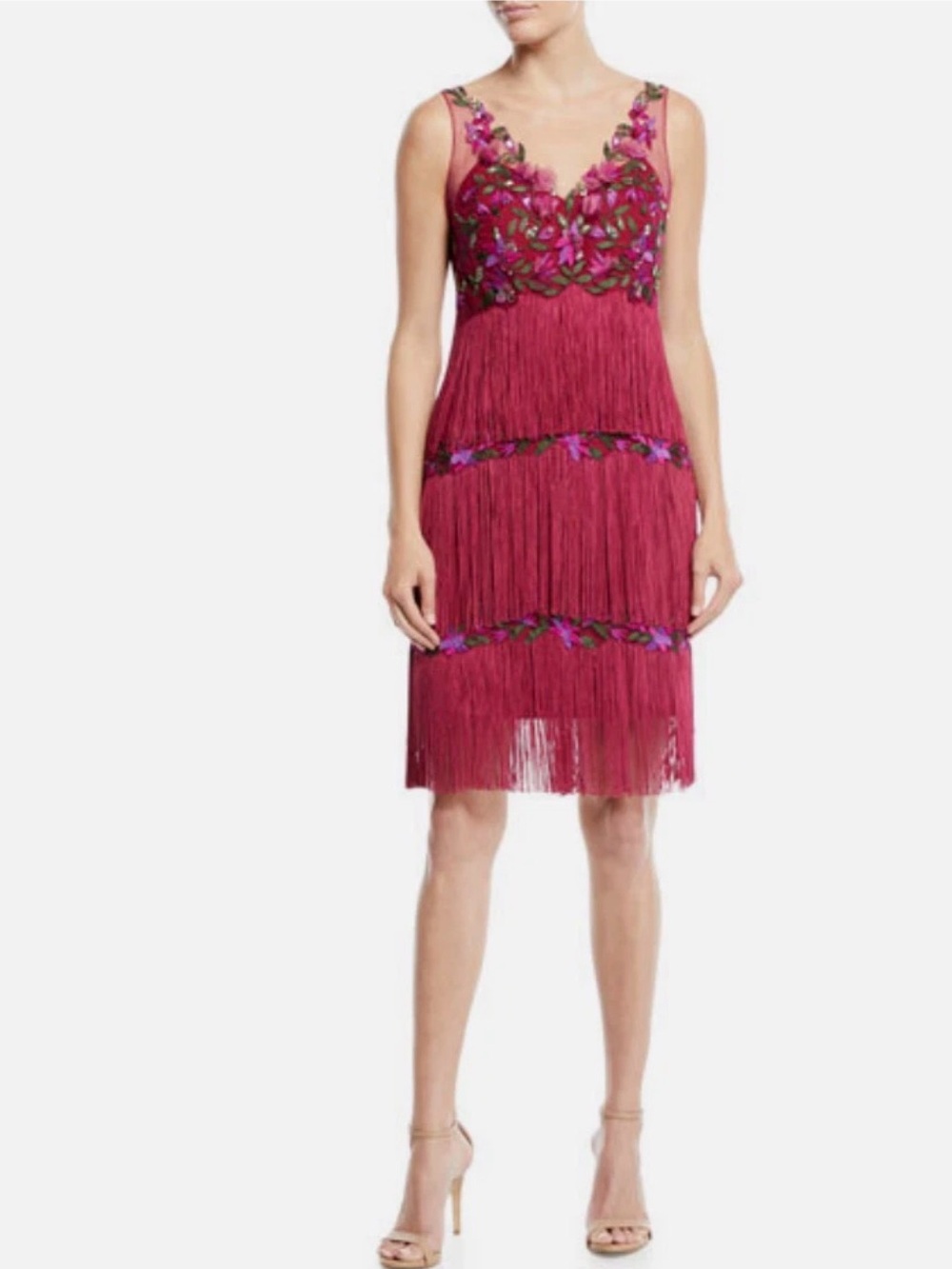 RARE Marchesa Notte Fringe Floral Embroidered V-Neck Cocktail Dress - Berry Pink